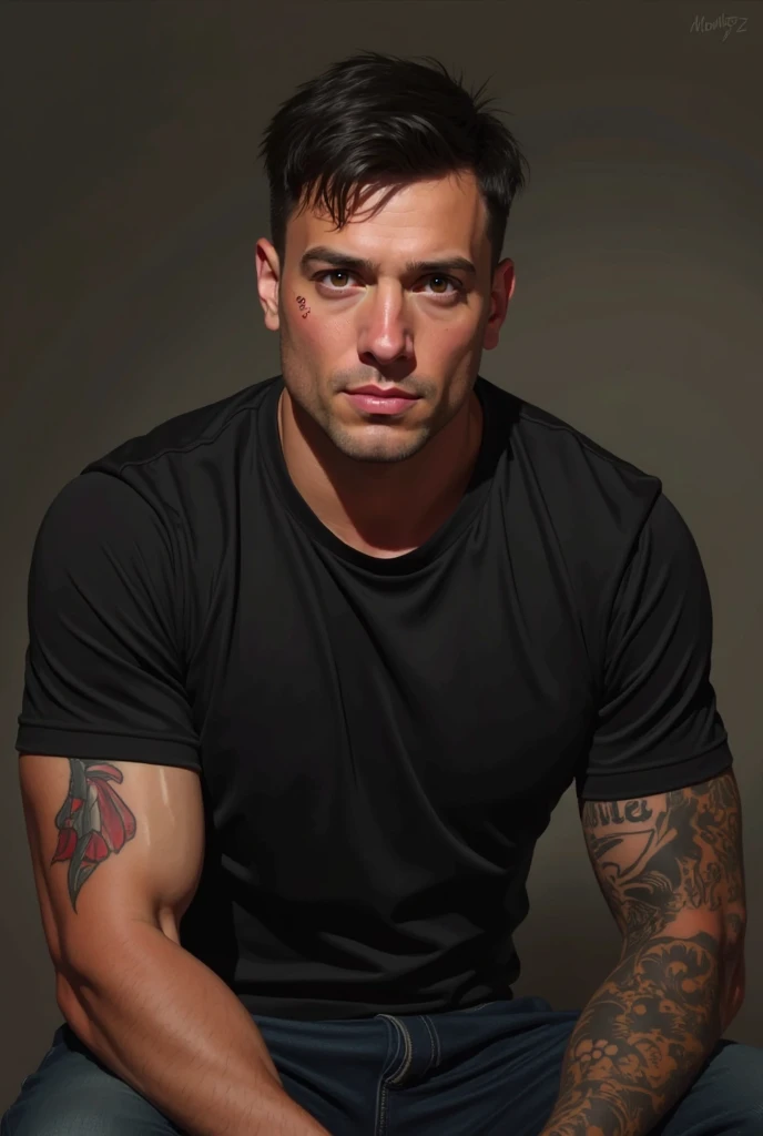 llustration in Leyendecker style: full-length drawing shirtless Sean Strong - 29, 6'1", 205 lbs, cos, similar to Henry Cavill, but a face like Tom Hardy for inspiration, beutiful, but not model material, Dark Brown Hair, Almost black pool of eyes, Constant five-hour shadow, pouty lips, marine, MARSOC Artillery Sergeant, Head of the Operations Department of Divisions, wounded while escorting Iraqi security forces in north-central Iraq. Three GSWs (Cannon Gunshot wounds) Shattered middle of the left thigh, Shattered right clavicle, and the bullet touched the jawline on the right side of his face and tore off his right earlobe. At Pacific High School, San Bernardino, California, He had an A 3.7 GPA and was a quarterback on the football team. San Diego State University, He specialized in linguistics. He is fluent in Spanish, Arabian (Accent in Mesopotamian), and Gaeilge (Not offered at school, I studied it on my own) In honor of his ancestry. Played football for the San Diego State Aztecs for four years. After that, How he got his