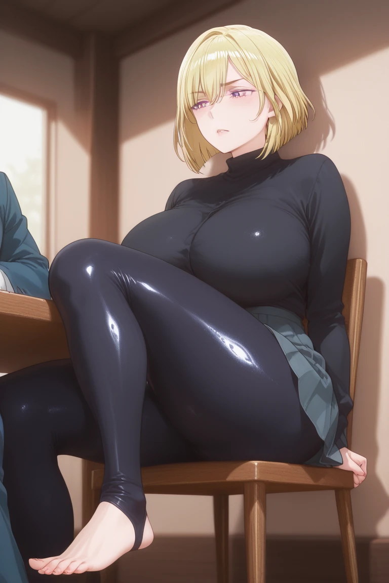 elementary school classroom,1 girl,blue eyes, blonde,ponytail, big breasts,Black tight suit,not wearing shoes, serious face,blush,Sweat,Are standing,