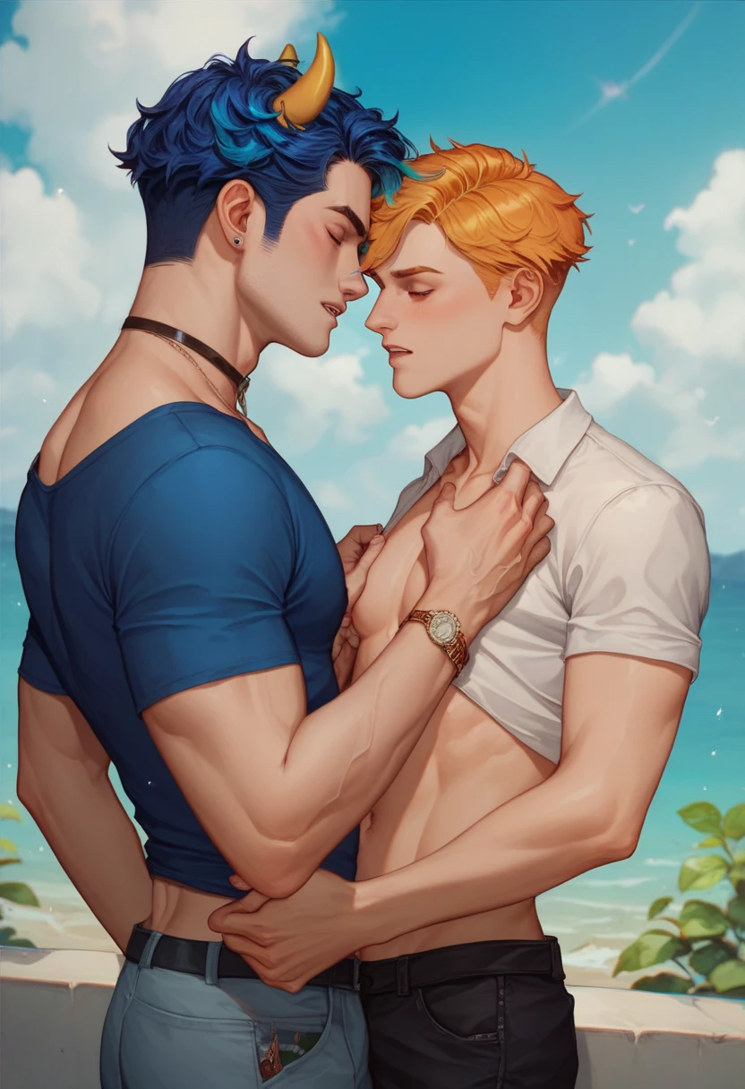 A handsome tall European man standing, kiss，Embrace，He is 28 years old，Thin waist，The pectoral muscles are well developed, He is 175cm tall，Weight 62 kg、yellow-green eyes、brown hair color、short hair、Shirtless、underwear、looking into camera，Smile，Rainforest，Tropical plants，Many colorful tropical flowers，tattoo，accessories，looking into camera，Smile，nature style totem