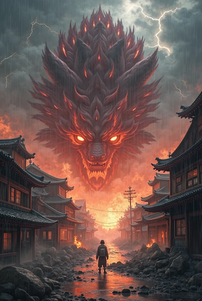 Illustrate a 250-meter tall, dragon-like Kaiju attacking a historic city with ancient architecture. The Kaiju should have massive wings, scales, and a long, serpentine tail. Show it breathing fire, with flames engulfing the old buildings and monuments. The city should be depicted with cobblestone streets, historic landmarks, and ancient structures. Highlight the dramatic contrast between the ancient cityscape and the fiery destruction caused by the Kaiju. 8K, extremely detailed, intricate details, photorealistic, masterpiece, cinematic lighting, dynamic composition, muted color palette, moody atmosphere, dramatic shadows, awe-inspiring scale, kaiju with expressive faces, maid uniform with delicate lace and ribbons, lair with intricate architecture and advanced technology, cityscape in the background with skyscrapers and landmarks, FOCUS ON THE CREATION OF FACE
