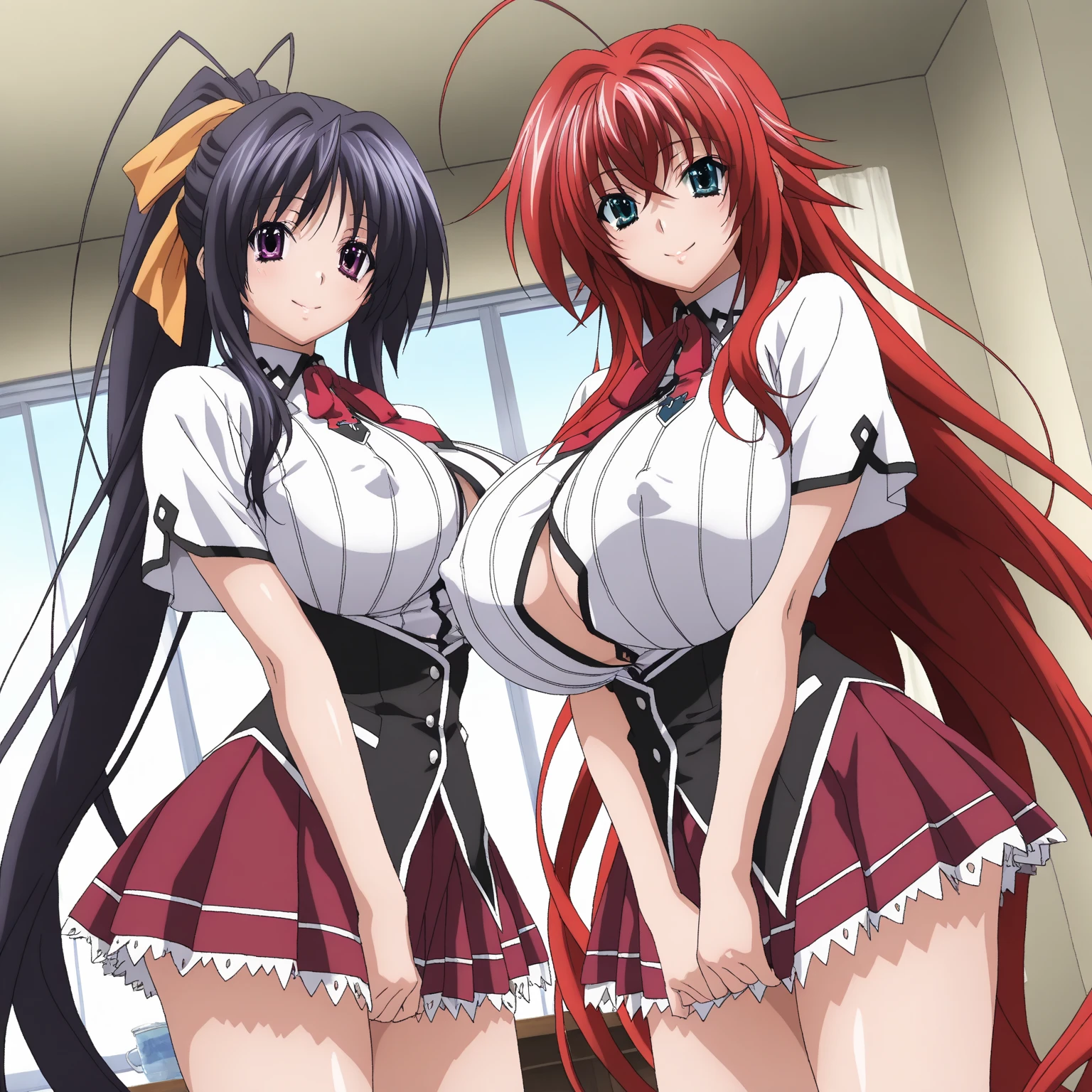 <lora:double_paizuri-V01:1> (double paizuri, 2girls:1.15), (chest to chest, paizuri:1.15), penis between breasts, BREAK, <lora:RiasGremory_NDV-10:0.8> RiasGremoryNDV, 1girl, red hair, large breasts, very long hair, ahoge, blue eyes, red skirt, school uniform, shirt, corset