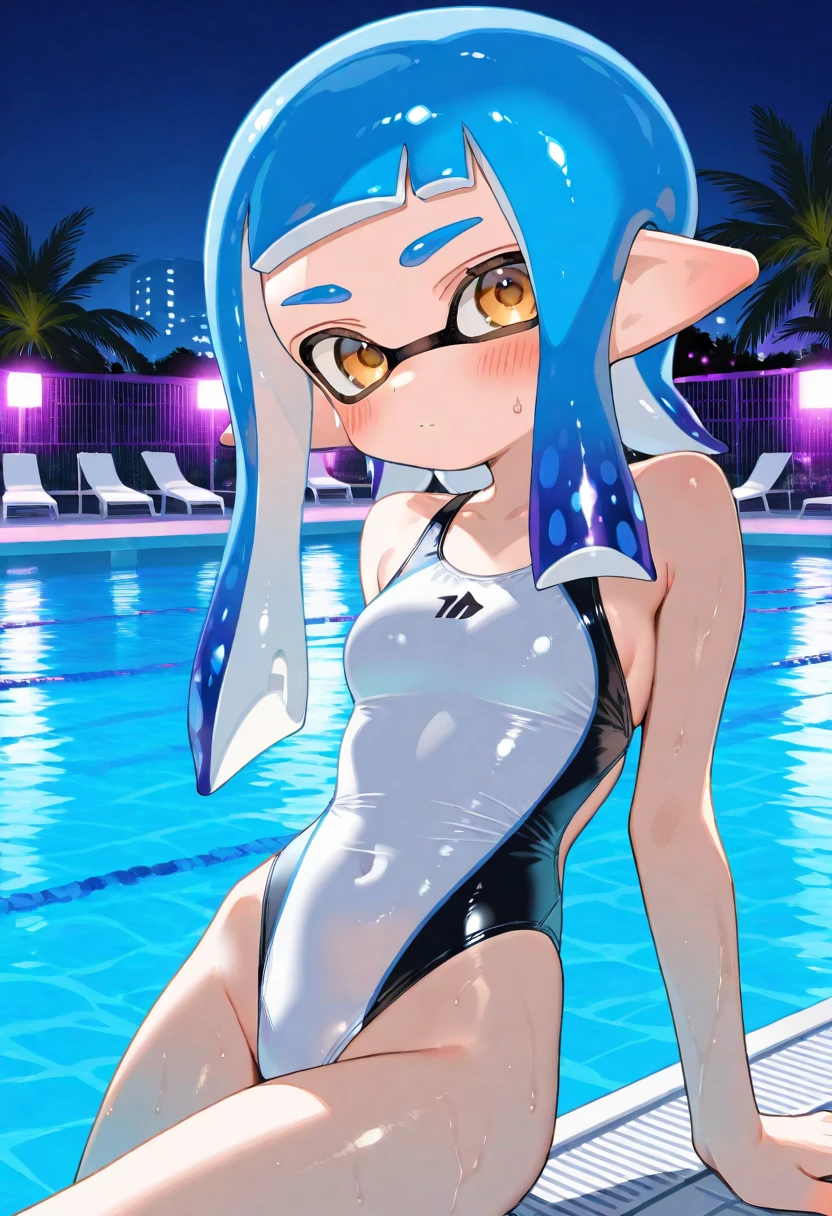 Splatoon Girl、2girl、Dark blue pleated skirt,Sailor suit(White summer clothes、Dark blue ribbon、Micro Mini Skirt),Cute Smile, blush、A slightly thinner face、Soaking wet,high school girl,Beach,Golden tentacle hair,Long Hair,(((2 people))),On all fours,Water Play,On all foursのポーズで並んで立っている二人, masterpiece、Highest quality、High resolution、Real Anime、3d、