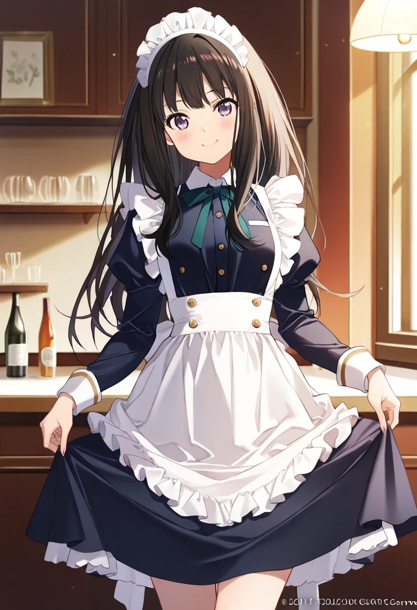 masterpiece,best quality,highres,ultra-detailed,musubi,ahoge,long hair,low ponytail,hair ribbon,large breasts,indoors,cafe,maid,maid headdress,apron,(skirt hold:1.2),standing,cowboy shot,smile,