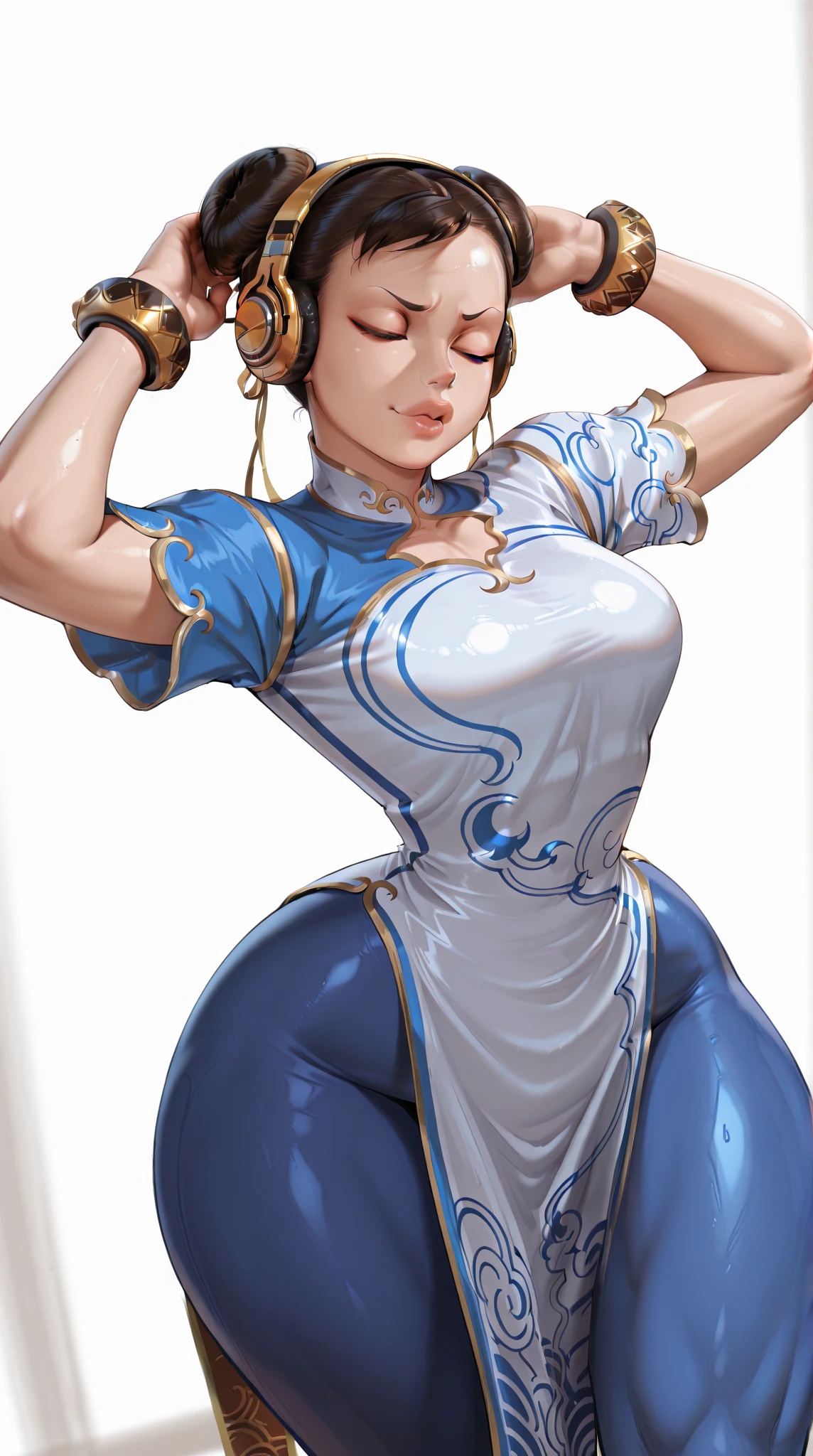 (masterpiece), (best quality), 8k resolution, ultra-detailed, hyper-detailed, realistic, photograph, photorealism, (1girl), Chun Li, Chun Li costume, perfect body, smile, posing for a photo, huge breasts, muscles, thick thighs, thick legs, wide hips, slim waist, hourglass figure, (full body)(topless:1.3)