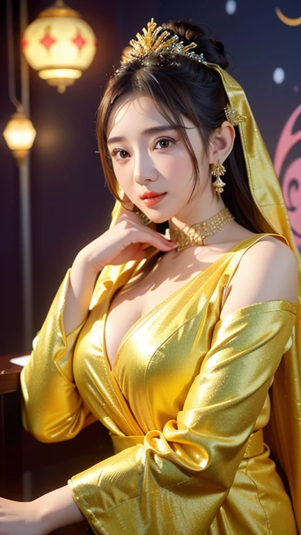 Beautiful Girl, Korean makeup, Red lips, Platinum hair, medium body, big breasts, thigh, Chinese fairy costume, Antique, sexy outfits,Yellow costume, Mid-Autumn Festival decoration, moon background mode.