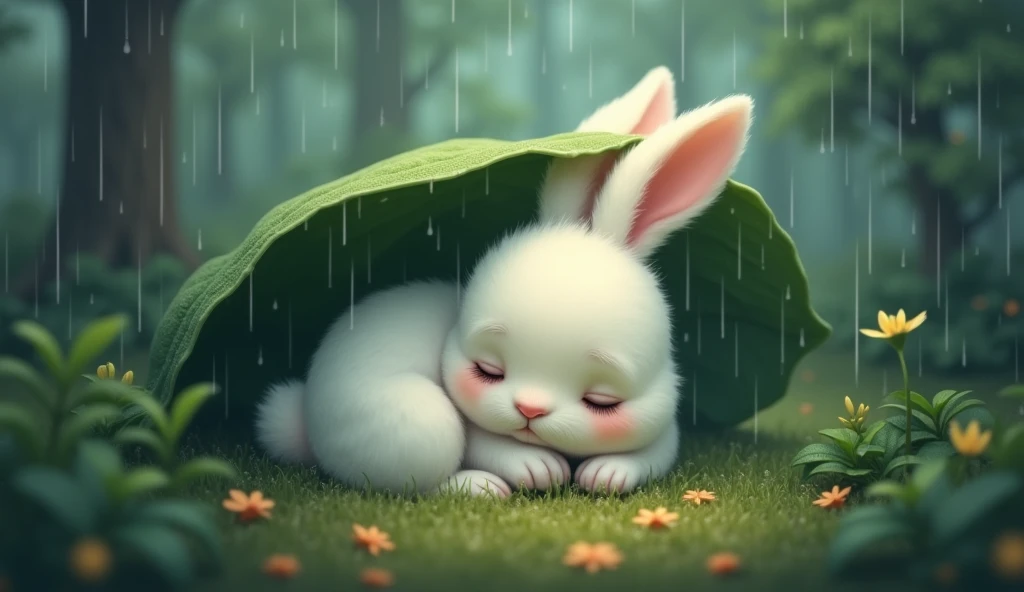 aerial view, zoomed out image, fantasy style art, cute, adorable, short character, small, tiny baby fluffy female white bunny, eyes shut, 4 ears, 2 extra ears, big floppy ears, long ears, ears perked up, raised ears, long eyelashes, poofy rabbit tail, wearing a red frilly ribbon dress, curling up in a ball in the forest, lying down on the ground, sad, alone, lonely, on the forest floor, muddy, crying, sobbing, bawling, shouting, mouth open, stunning visuals, raining, puddles, crushed plants, scattered stick and leaves in the ground, digital illustration