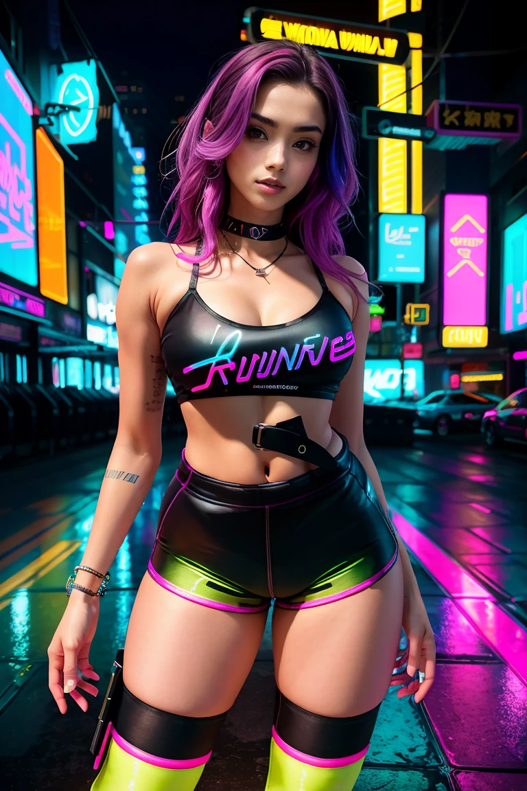 There is a disheveled woman standing with sample in the clothes of hours of hard labor, with a rainbow light, 3D neon art of a woman's body, neon noir background, cyberpunk femme fatale, seductive cyberpunk dark fantasy, ((tight shorts:1.4)), cyberpunk strip clubs, cyberpunk 20s model girl, cyberpunk oppai, banner, high definition cgsociety, cgsociety masterpiece, trending on cgstation, kda