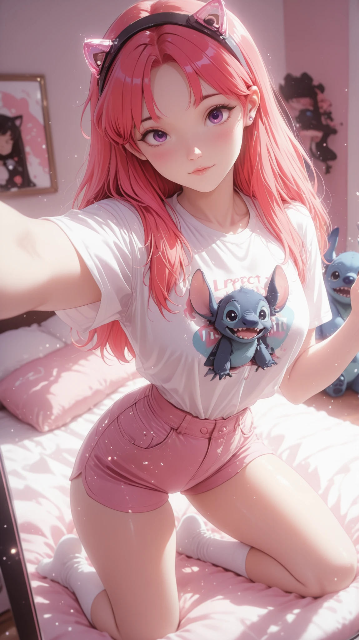 A beautiful woman, (nice curves), with long red hair with pink tips and bright purple eyes, (eyes rich in detail), (eyes detailed) lowing pink and orange ombre hair, wearing a black cat-ear headset, slightly flushed cheeks, taking a selfie wearing a white t-shirt with a print of the character Stitch from the movie Lilo and Stitch, a long t-shirt covering her shorts, white socks one higher than the other, in front of a mirror with her bed in the background, holding in one hand a giant plush toy of the character Stitch, natural lighting (ray tracing), (masterpiece), (image rich in detail), (vibrant colors), (ultra HD), (perfect photography), (perfect angle)