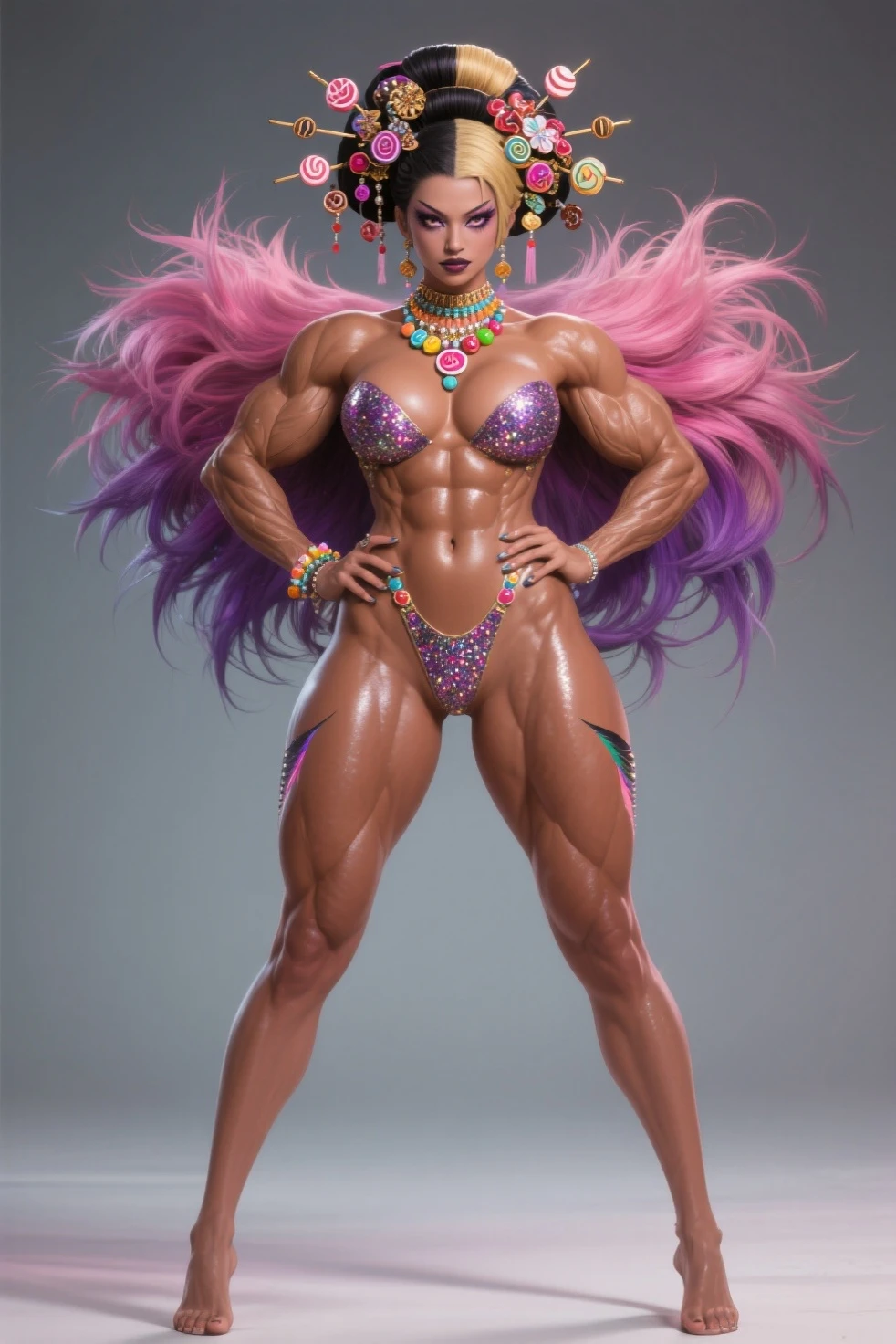 photo of (Chloe Grace|Miranda Kerr:0.7), realistic, masterpiece, highres, full body, (hypermuscle, huge muscles, flexing, veins, very vascular, very muscular, strong, powerful, female domination, goddess, female power:1.4), wild rainbow toxic hair, wearing a wild skirt, wearing a colorfull small bikini top, curvy body, toned body posing near a dark background [(colorful explosion psychedelic toxic neon paint colors:1.2)::0.20], BREAK, looking at viewer, smug, confident, navel out, hyper realistic lifelike texture, best quality, ultra high res, photo realistic, (elite:0.1), (underwater:0.3), (nasty:0.2),