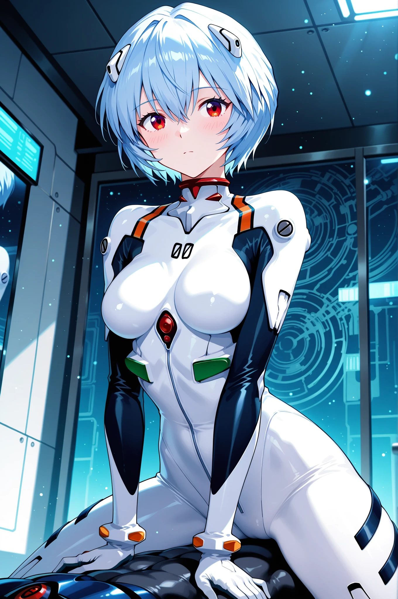 BREAK looking at viewer, BREAK (masterpiece:1.2), best quality, high resolution, unity 8k wallpaper, (illustration:0.8), (beautiful detailed eyes:1.6), extremely detailed face, perfect lighting, extremely detailed CG, (perfect hands, perfect anatomy),spaceship,stars,planets,milkyway,rei ayanami, blue hair, short hair, (red eyes:1.5),
bodysuit, headgear, plugsuit, white bodysuit,camel toe,cleavege,neckline.
