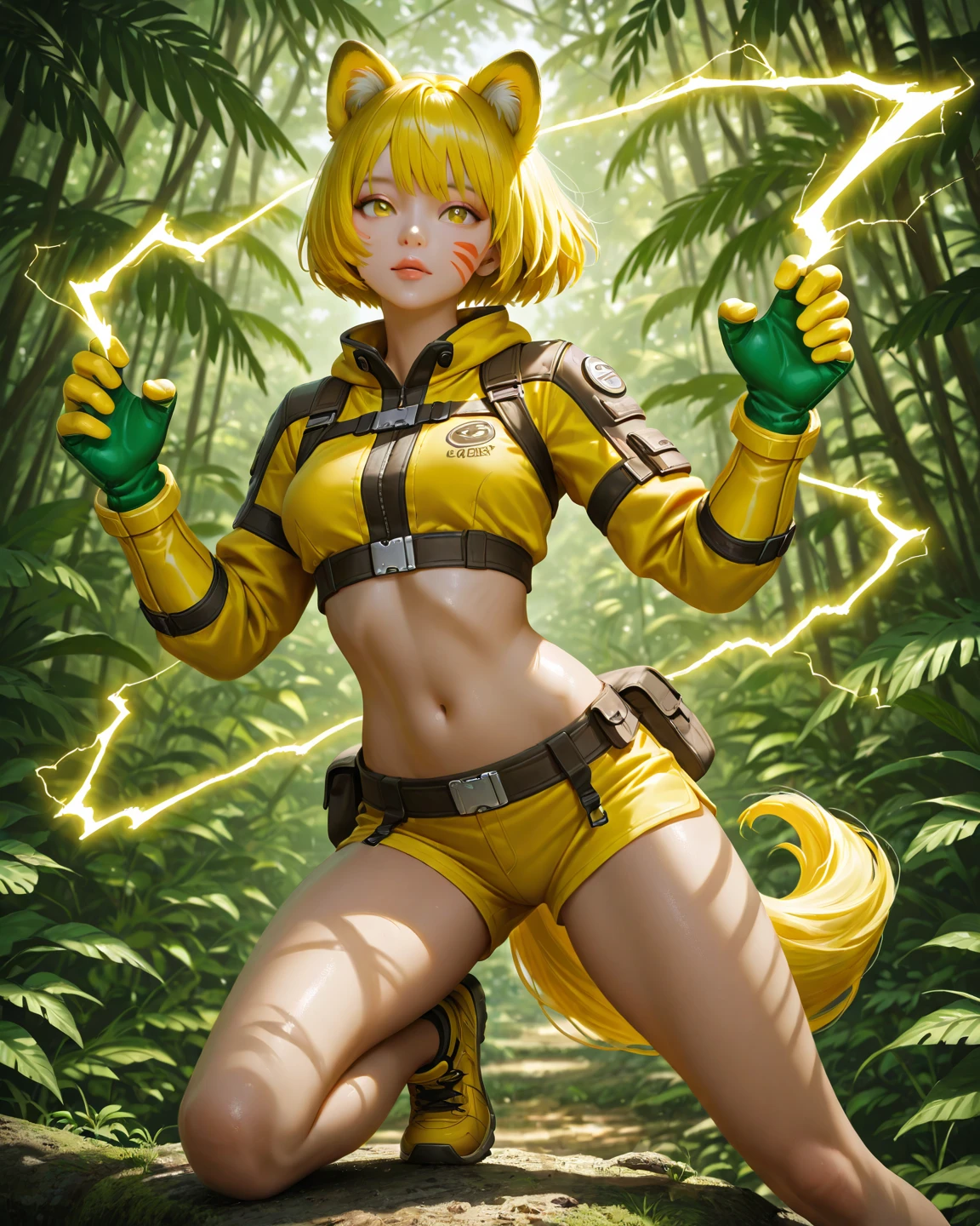 top-quality、Top image quality、​masterpiece、girl with((18year old、Best Bust、big bast,Beautiful blue eyes、Breasts wide open, Blonde ponytail、A slender,Large valleys、Black jersey、Sleeveless、Hachimaki、Fullbody paint、)）hiquality、Beautiful Art、Background with((Concrete walls、Yellow paint、red paint、Blue paint、animal doodle,paint tools)))、,masutepiece、visualart、depth of fields、