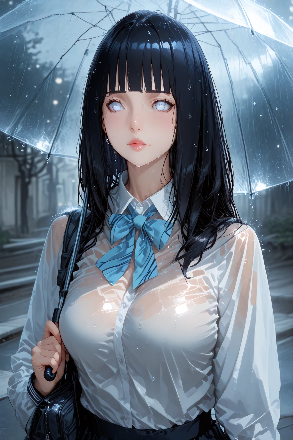 HD detailed, Wet Watermark, Married Woman,Hyper Detail, Long black hair,Big Breasts,rain,White blouse,Cold look,Under the roof,Looking up at the sky,profile,cowboy shot
