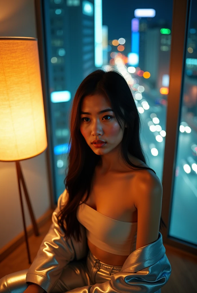 girl, Single, Medium, Blonde, Silver, random facial expression, Random hairstyle(8K, Best Quality, masutepiece:1.2), (Realistic, Photorealistic:1.37), ultra-detailliert, Single Girl,Cute,Solo,Beautiful detailed sky, Detailed café,Dating,(blush),(Smile:1.15),(Closed mouth),Film grain, FUJI XT3,( ulzzang-6500:0.3),, Model shooting style, NSFW,Beautiful detailed eyes,(Medium Long Hair: 1.2),Floating hair ,NovaFrogStyle, White skin,Cinematic lights, Night Street, streetlights, bikini of, Full body