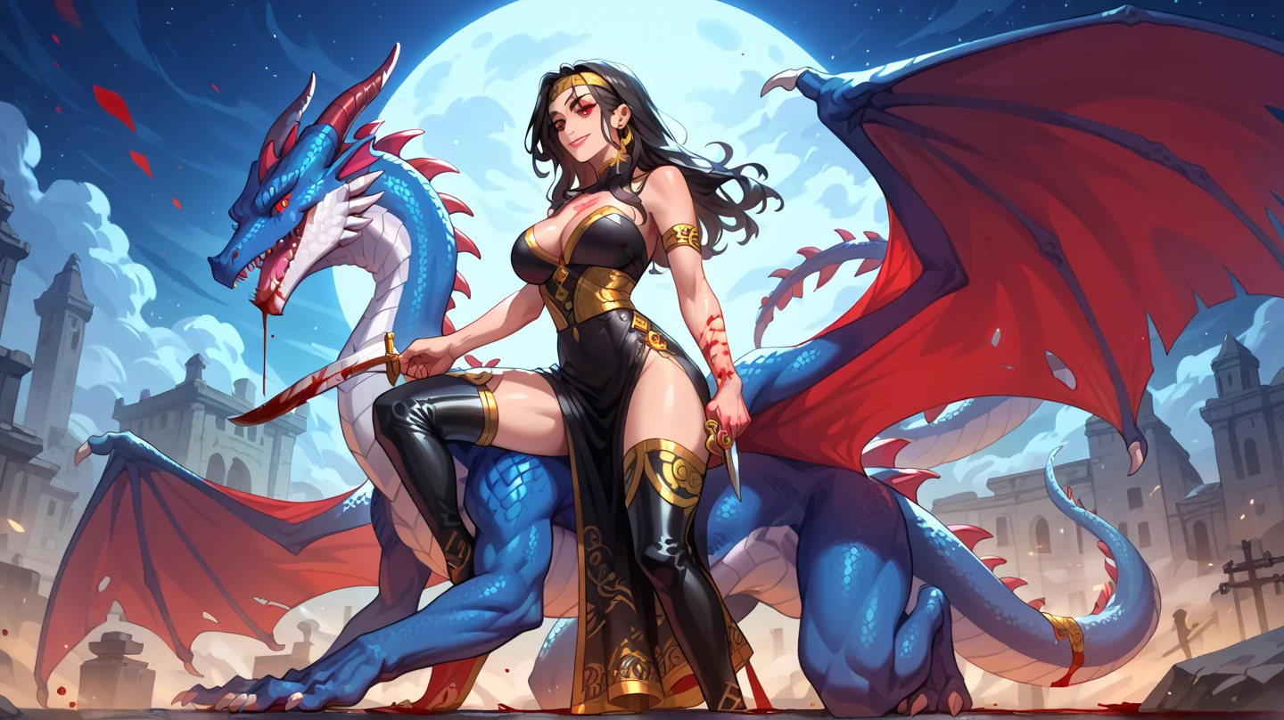 black hair, extremely long hair, yellow eyes, pale skin, muscular, large breasts, thick thighs, mad, dragon, 1 girl