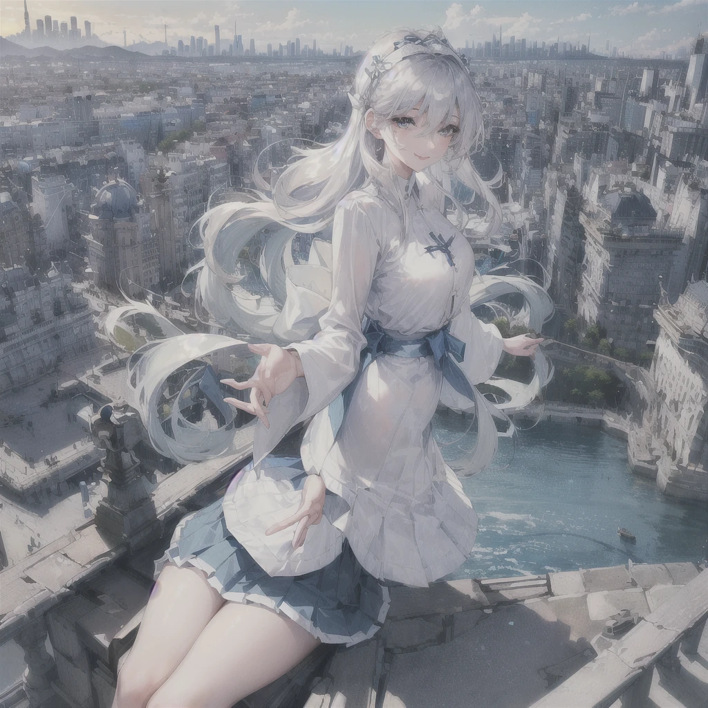 soles, masterpiece, Hatsune Miku, 1 person, solo, hair inhalation, face up, blue sky, glow white particle, (sidelighting:1.2), sun rise , pink cloud, detailed clouds, slender, Lovely small exposed breasts, super cute smile with teeth, red cheek, blushing, beautiful hair, deep shiny blue eyes, cute girly pause, Draw your breasts inward and push them up, choker, pink see-through blouse with blue tie, blue skirt , white belt, on the roof of building, super detailed beautiful city view background, wide shot, give wink