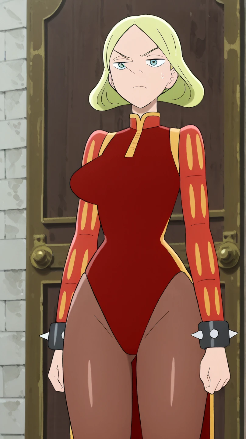 An emo girl shy nervous afraid dumb quiet sexy cute beautiful beautiful big breast long wavy black hair her pink eye she wears a red corset under a black vest shows her navel and a metallic black pants yellow boot long yellow metal gloves