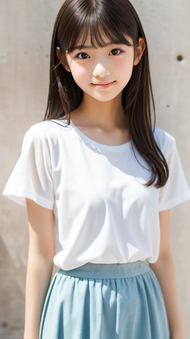 (Highest quality、16K resolution)1 girl、solo、Natural soft light、small 、Japanese women、Looking into the camera、White T-shirt、Concrete Background、Look forward、standing、Beaver、Female in her late teens、Light bangs、short hair、Salon model、Natural look、Portrait、Floated hair、Roll Hair