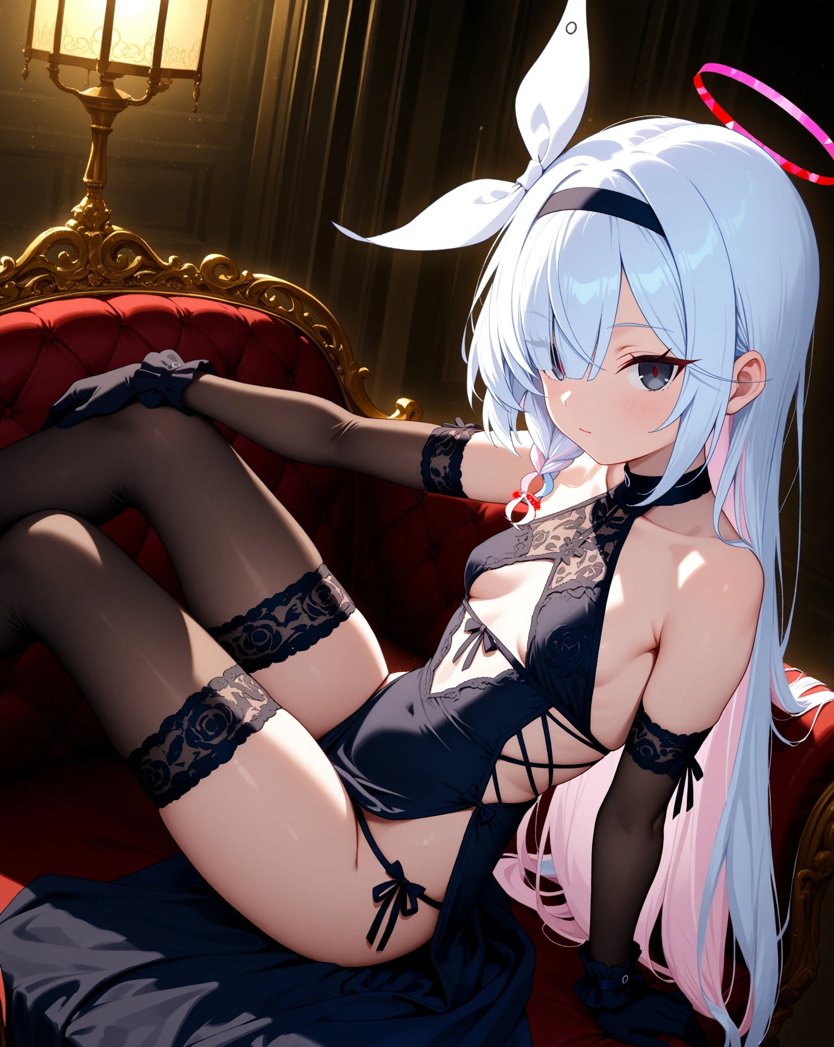 ((Highest quality,4K,8k,High resolution,masterpiece)),whole body,sexy,Landmine look,Lolita,Long and colorful hair,bed,Beautiful, lustrous, long eyes,garter belt,first round