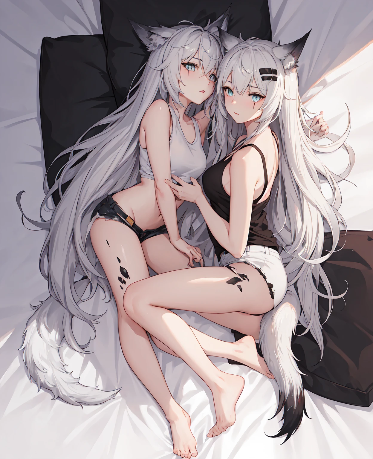 Two girls touching each other's bodies, white hair, light purple hair, masterpiece, best quality, dirty, exposed skin, looking at around, full body, adult, cat ears, cat tail, dripping, hot, tight, bare skin, exposed, close up, detailed, pleasure, suprised expression, lying on the floor, small breasts, teasing each other, muddy, in the dirt, being watched, humilating, covered in dirt, outside, dirty, grimy, messy, pussy_juice, spreading_pussy, spread_pussy