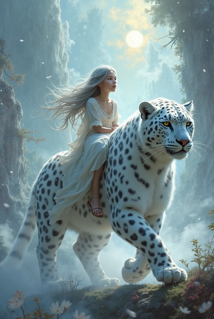 Grey-haired girl riding a white leopard in a fantasy world