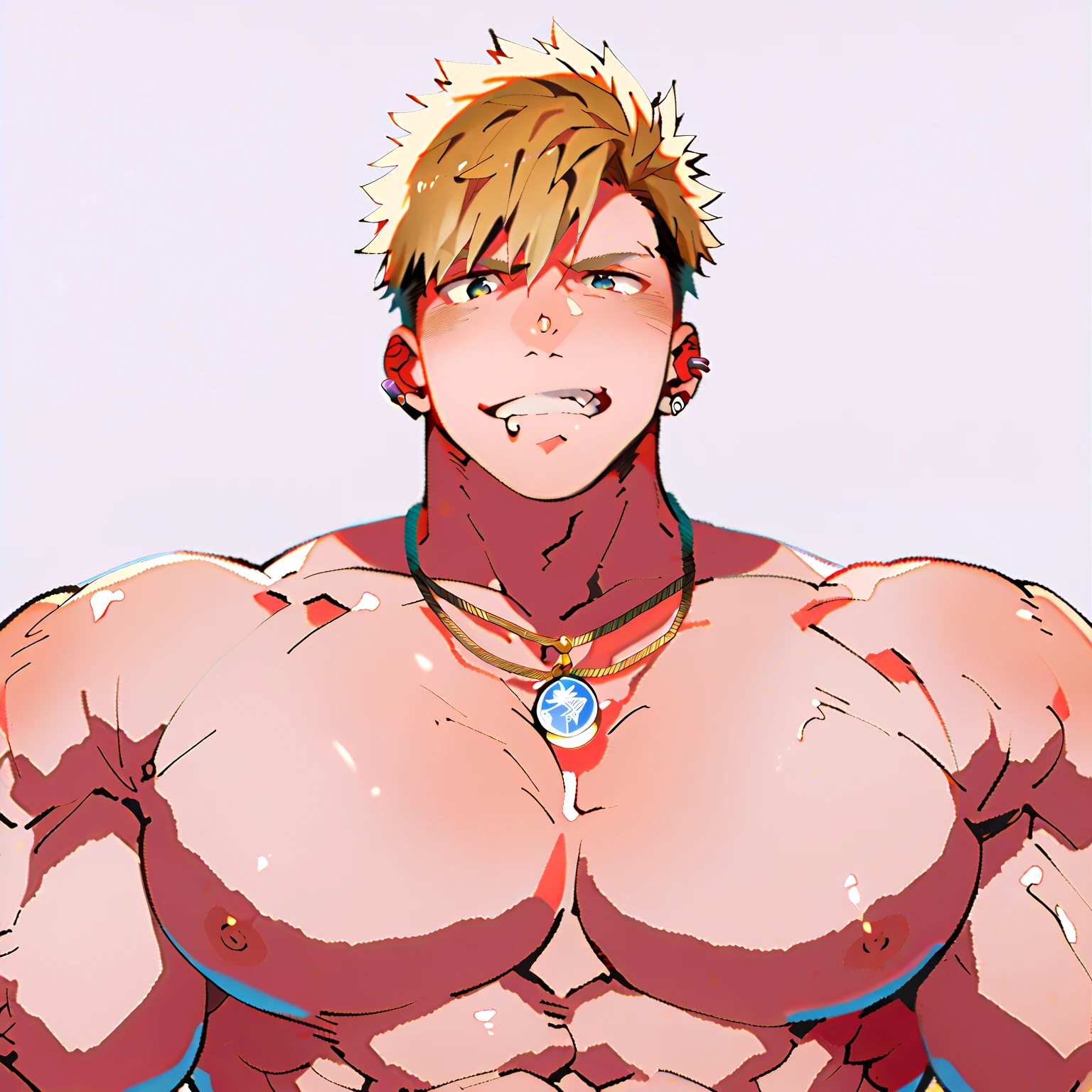 Male, standing at 5-foot 9-inches (175.26cm) with a face that even top supermodels could only wish for, albeit with a small scar on his cheek, he was just wearing a plainwhite short-sleeve shirt with gray-cargo sweatpants, his tight shirt vaguely showing the subtle outline his 8 toned abs and toned broad shoulders making a perfect V-Taper aligned with his slim waist, he had pretty large forearms and his arms (including biceps) were unreasonably shredded, perfectly sculpted, also having great muscle definition, and a Strong - Extremely Athletic Physique, he had Fluffy - Wavy Strawberry-Blonde hair with a Double-Eyebrow slit, he had Deep-Blood Red eyes, but they were covered, due to his hair being messy, with Fluffy - Wavy Locks falling over his face, his hair reaching just past his ears, his skin being a soft color of fair (Pale-Ivory), with glass-like skin complexion, his thick veins could be seen subtly in his arms and his neck, though, his lips slightly parted, he also had a Rosegold - White Cross left ear-piercing, hair over eyes, One Male, Masterpiece, Best quality, Very aesthetic, 1boy