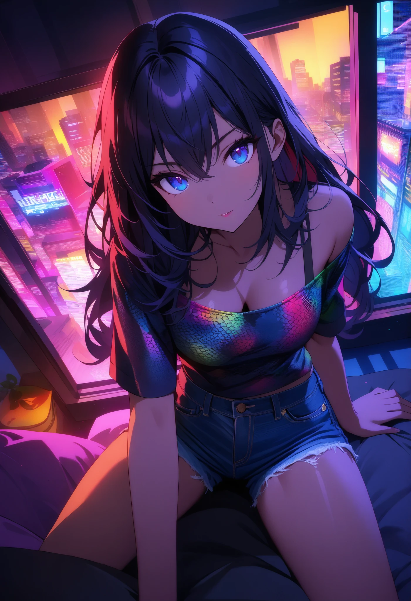 top quality , highest resolution, detailed depiction of the eyes, colorful, dark theme, one female, dark blue color eyes, dark color hair, long hair,  light dark skin, denim shorts, provocative, Lizard pattern design, neon city, indoor , room, night, Overlooking the city
