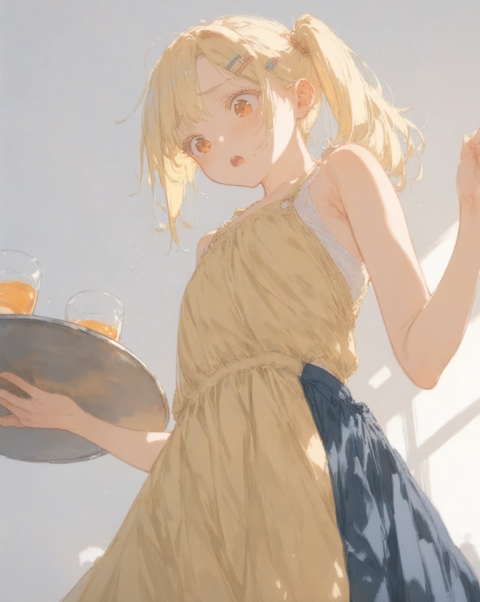 Highest quality、((One little girl))、Very pale golden short bob、Orange eyes、Yandere face、((((Being too thin))))、
