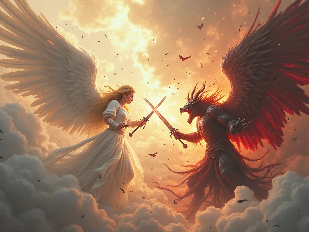 Fantasy-style illustration featuring a dramatic and intense scene. The layout is vertical, with a large, ethereal figure on the right side, draped in flowing white robes and possessing large, detailed wings. The figure has a serene, almost sorrowful expression, with pale skin and long, flowing hair. On the left side, Guts, the Black Swordsman, its massive blade glowing with a faint blue light. His face is partially obscured by his helmet, revealing a determined expression. The background is filled with swirling red mist and indistinct forms, adding to the chaotic and otherworldly atmosphere. The overall color palette is dominated by shades of red and white, creating a stark contrast between the two figures. At the bottom center, a circular logo bears the text 'Artvision1999' in a gothic font, subtly blending into the ominous environment.