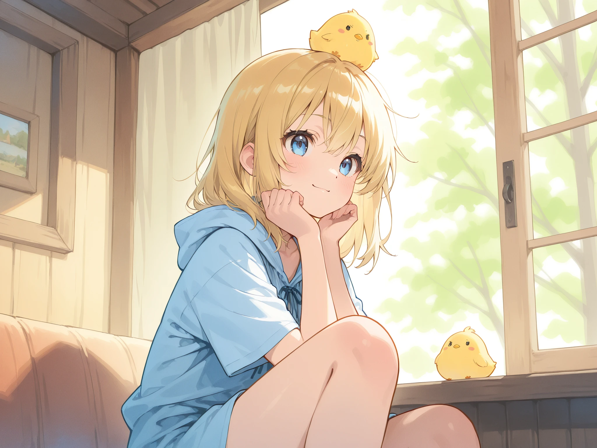 watercolor style、Light line drawing、the morning sun shines in、Nostalgic Scenery、hood memories、A house in the countryside where a pleasant breeze blows、Refreshing work、I have a chick on my head