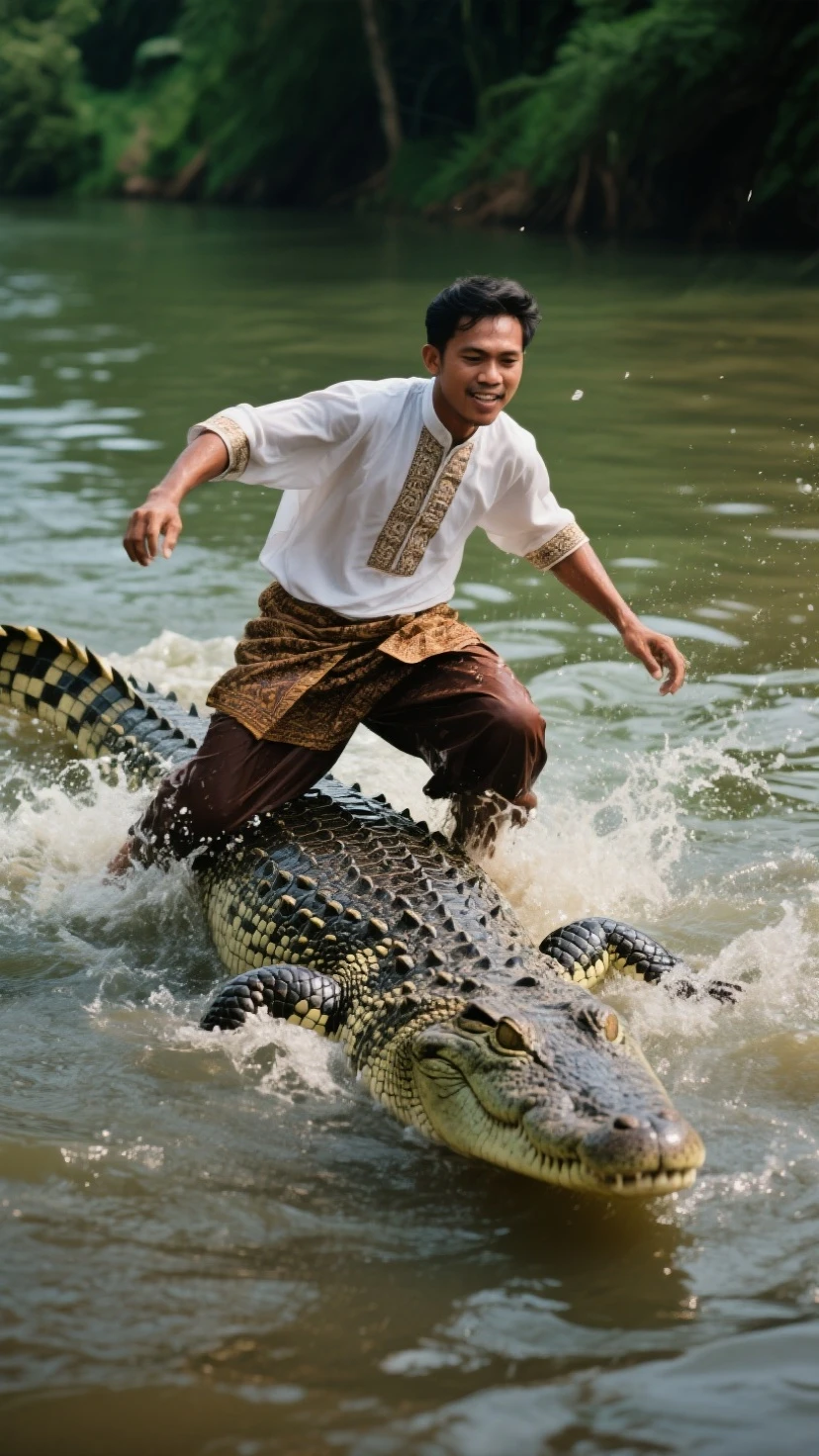 A man in a red cloth holding a spear stands in the water with a large crocodile., Inspired by Rudy Siswanto, By Shen Quan, by Rudy Siswanto, By Shen Che-Tsai, Realistic fantasy photography, Stunning action photography, by Shen Zhou, by Arthur Pan, by Yang J, by Kristian Kreković, Reptile Warrior