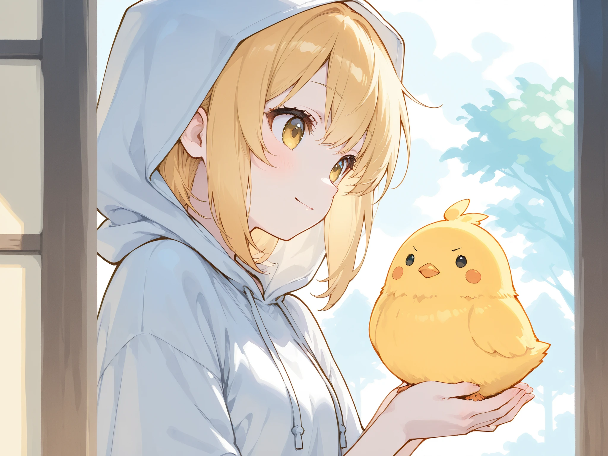Watercolor-style pale line drawing、the morning sun shines in、Nostalgic Scenery、hood memories、A house in the countryside where a pleasant breeze blows、Refreshing work、with a chick on its head、