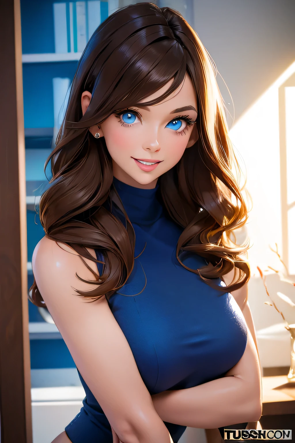 Hot , , sexy, ((Masterpiece, best quality)), detailed skin, highly detailed, cinematic lighting, ultra realistic, blush, looking at viewer, with brown hair. Her hair is straight and elegantly styled, falling softly to chin length, portrait, , big breasts, cleavage, malicious smile, full body view, ass, sexy, blue eyes (sexy cowgril costume)
