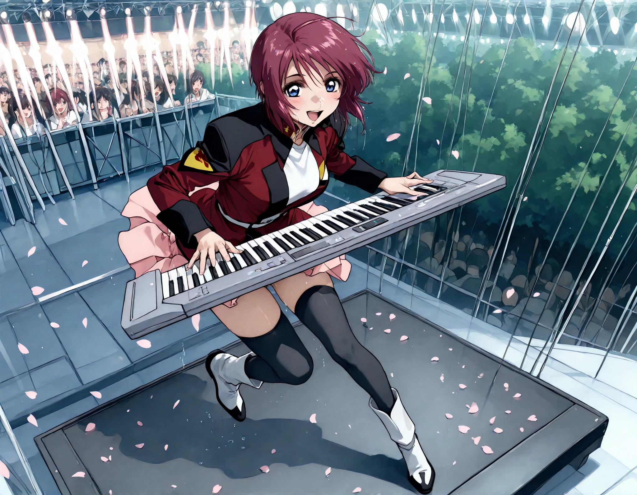 score_9, score_8_up, score_7_up,BREAK,masterpiece, best quality, absurdres,A very detailed and Hi-Res image,1girl,(solo),21 years old, (beautiful and detailed face),1girl,destiny jacket,LunamariaHawke,((destiny jacket)),((red military_jacket)),white shirt under the military_jacket,open military_jacket,((wet white shirt)), (((pink_skirt))),pleated skirt,dark blue frill trimmed bra under the wet white shirt slightly visible,dark blue panties under the skirt, (((black_thighhighs))), boots,white footwear,((lunamaria)),1girl,solo,blue eyes,red hair,short hair,ahoge,,eyebrows,NSFW,; quality\(8k, Hi-Res, top- quality, top- quality real texture skin, super realistic, increase resolution,RAW Photo, very detailed, wallpaper, golden ratio,vibrant,{{breathing}},full body,(Watery eyes),{Wet body}, (Like a subtle blur),bokeh,(nape of neck),blush,(score_9_up, score_8_up, score_7_up, best quality, movement, motion blur, source_anime, full body, BREAK depth of field, foreshortening, extreme perspective, anime wallpaper,panty shot,light particles, cinematic lighting,Visual impact,ultra-realism, anime style, dreamy psychedelic anime, looking at viewer, Elegant outfit, perfect figure, beautiful breasts, The background is a dark forest clearing illuminated by faint blue light, with falling cherry blossom petals swirling around, adding a sense of elegance and tension,forest,(((wind blow))), (((A girl playing a musical keyboard on stage at a school festival, performing as a band member. She is focused and enjoying the music, with stage lights illuminating her and the band.))) The background includes a cheering audience and colorful festival decorations. The atmosphere is lively and energetic.,thighs , sexy,forest ,lake,((updraftupskirt, blown skirt)),microphone,microphone,((singing))