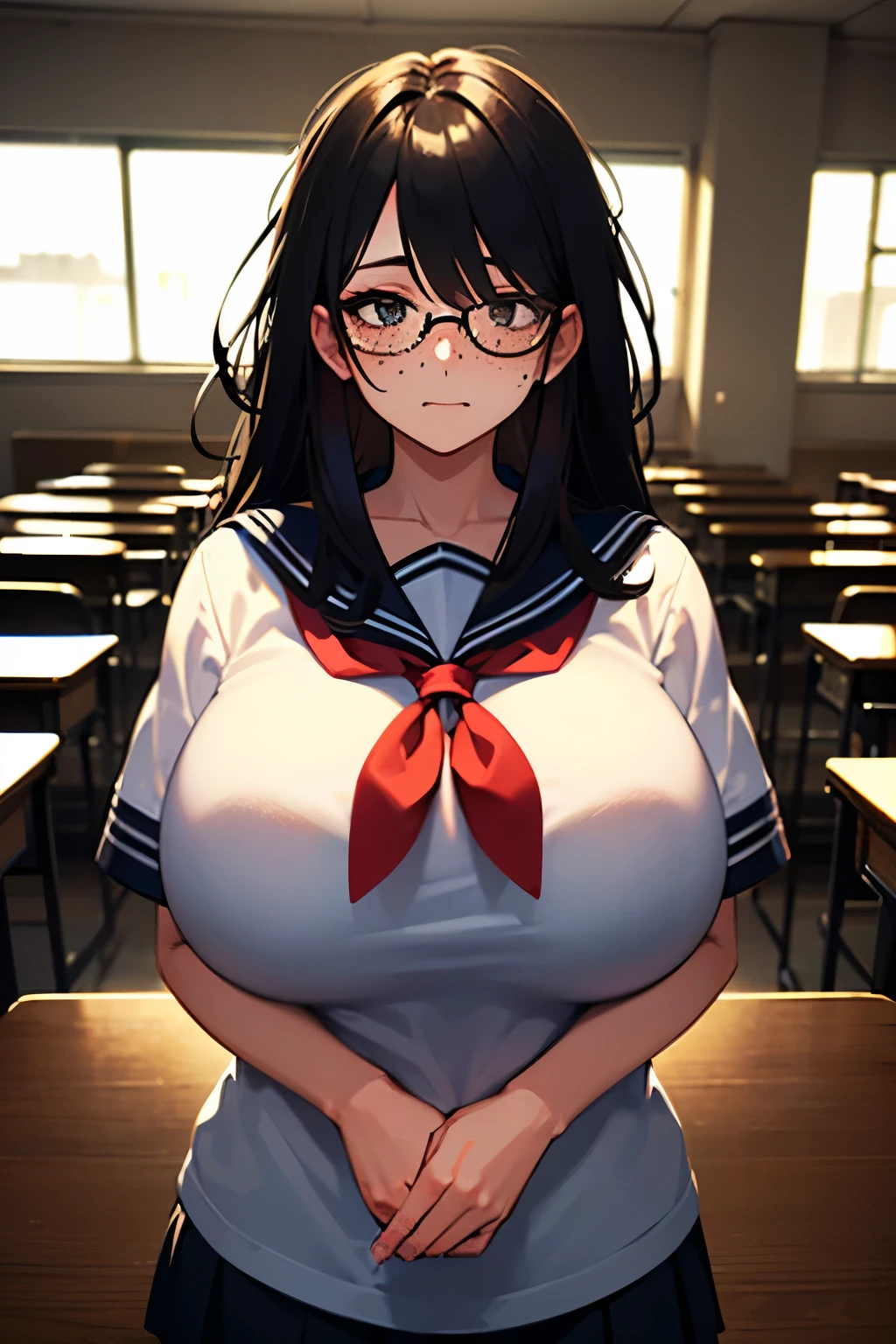absurdres, highres, ultra detailed, high quality, (1girl:1.3), azumanga daioh's school uniform, huge breasts, brown eyes, brown hair, glasses, mizuhara koyomi, azumanga daioh, long hair, long sleeves, pink shirt, pleated skirt, red skirt, school uniform, serafuku, frown, sulking, wide hips, thighhighs, breast curtains, curvy, no bra, gigantic breasts, thick thighs, thighs, classroom, masterpiece, collarbone, large breasts, blush, indoors, blurry background, large hips, huge butt, plump, sexy, Milk meat spilled from the armor, bubble butt,Smell,Breasts are larger than the torso,Crazy swollen breasts,(Exaggerated body proportions,(Nine-headed body),a plump buttocks,slender leg,Thick thighs, camel-toe,Lift, extremely tight clothes, extremely delicate and beautiful, perfect lighting, perky breasts, (((wide hips))), ((thick thighs)), (chubby), chubby belly, fat rolls, belly hang, intricate background, detailed background, busty, gravure pose, big round breasts, panty slip, massive exposed naked breasts