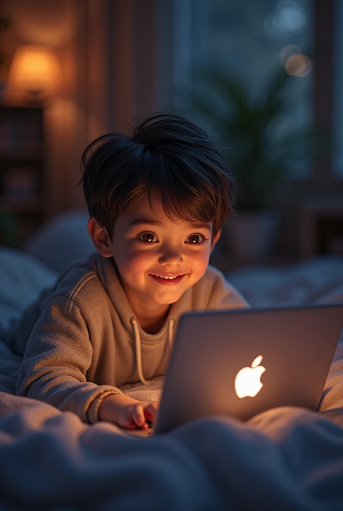 "A 3-year-old boy wearing glasses, dressed in pajamas, sleeping while hugging his teddy bear in his bed. The dark room is softly illuminated by a nightlight."