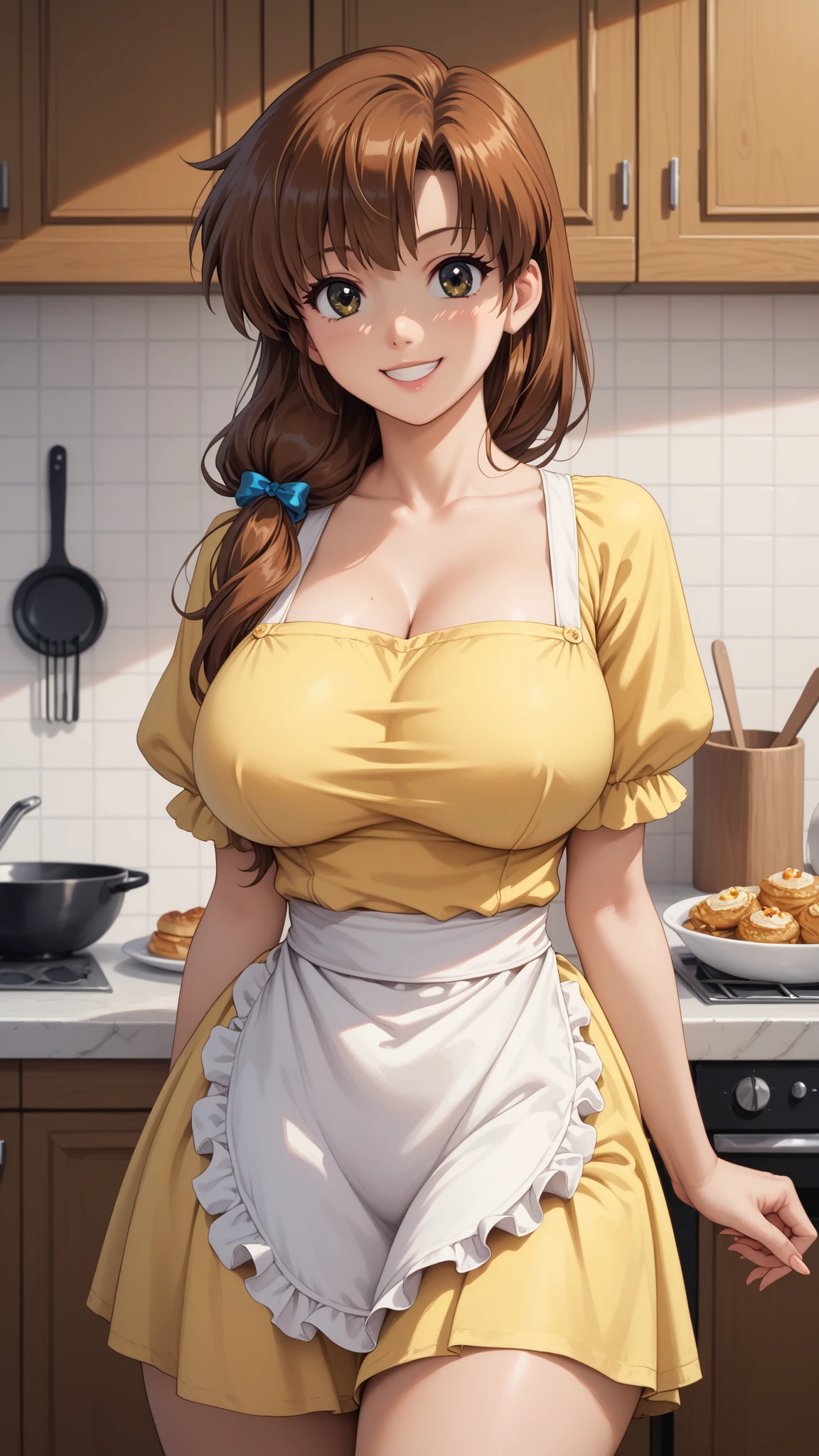 ((best quality)), ((perfect face)), ((adult woman)), ((housewife)), ((milf)), brown hair, hair tied in a low side ponytail, light brown eyes, pale skin, peach lips, huge breasts, wide hips , wide thighs, plump belly, yellow dress with white flowers, yellow flat shoes, white apron, soft smile, kitchen, neardy window 