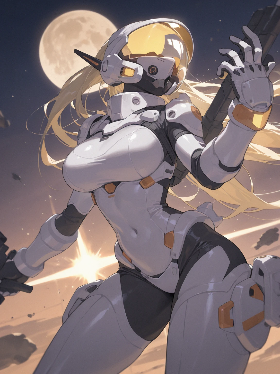 A bombastic blonde with perfect body on a space station floating in space with Earth in the background, Full body in an action pose