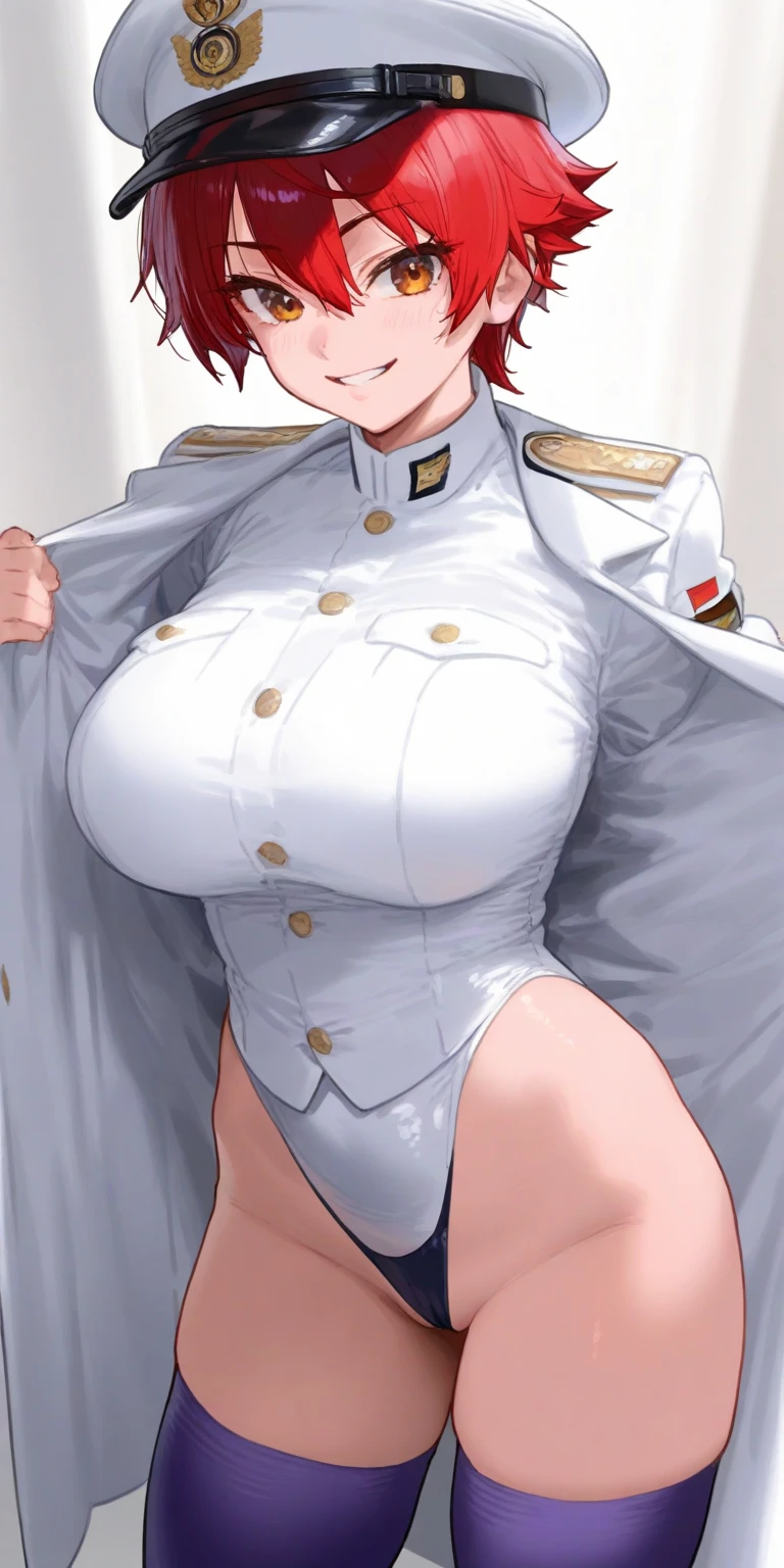 tatsumaki, ((masterpiece)), ((best quality)), (white long coat), coat on shoulders,white navy soldier uniform ,(epaulettes), purple shirt, blue pants, upper body, looking at viewer, (large breasts) ,(hd), (full body shot), (high resolution)