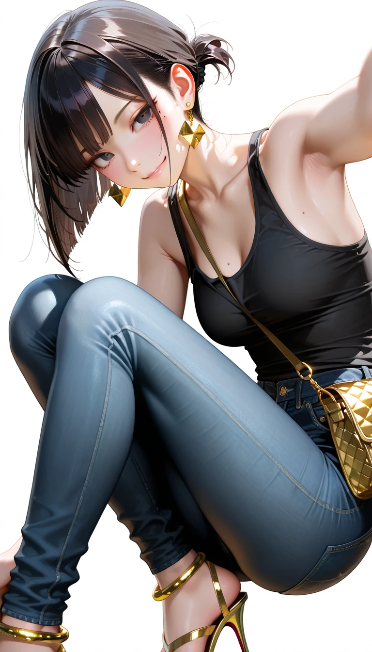 High resolution, beautiful women, high detail, good lighting, despicable, , (No nudity), (((jeans shorts))), ((tight leather top)), (((leather thigh high boots))), (garter belt), abdomen only, (wet shorts), (((Peeing))), (pee), urine stain, (puddle), (thick thighs), nice long legs, lipstick, detailed face, cute face, I'm embarrassed and blush, humiliating, ((spread your legs)), ((Take a bath in a large bright bath))