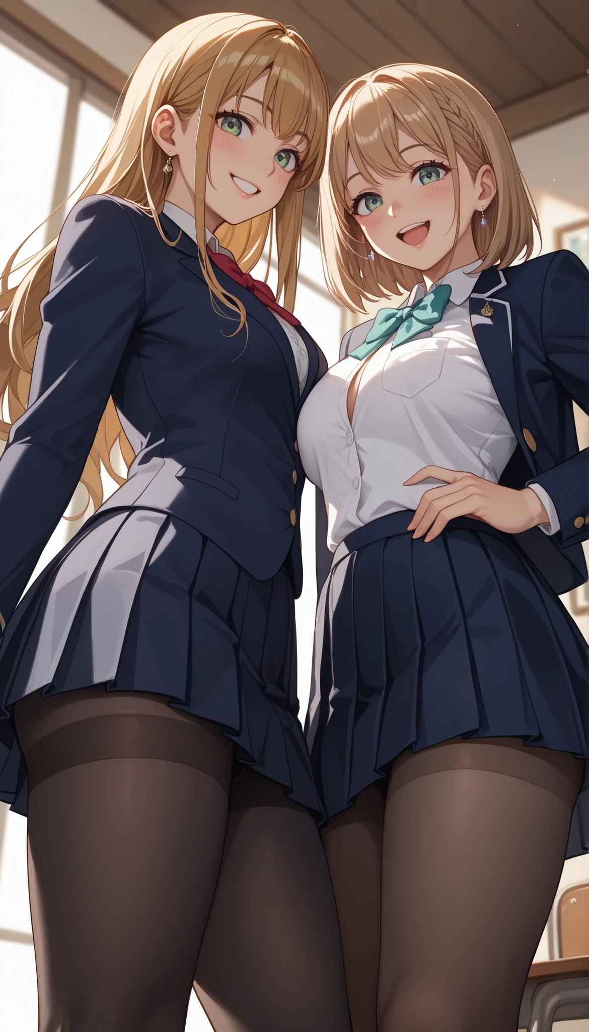 (masterpiece, Highest quality),View from below,From behind,masterpiece,Full Color,Two friendly high school girls, stage,Sailor suit,((I will show you my beautiful thighs in perfect erotic thong panties and nasty panties、Low angle:1.4、Several girls wearing blazers, A black pleated skirt flutters in the strong wind, A large number of people, Warkina'Step Piece, Highest quality, Very detailed、after school,((Short hair and plump ass、Beautiful smile、huge 、Commuting、Old Station、adultery、((pantyhose))、((Accentuate your butt))vibrator in pussy