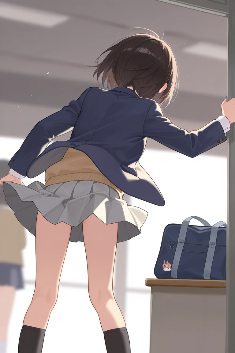 Masterpiece, best quality, 2girls, full body, girl lifting another girl's skirt, skirt lifted by another girl, garden, grass, field with flowers, flower bed, BREAK girl, uiharu_kazari, back, flowers on the head, [tiara] with flowers, black hair, short hair, sailor suit, (brown schoolbag, small schoolbag), skirt lifted, (lifted by another, skirt lift, skirt lifted by someone else), ass, panties, hand, BREAK girl, misaka_mikoto, brown hair, short hair, brown sweater, lifting skirt, girl lifting someone else's skirt,