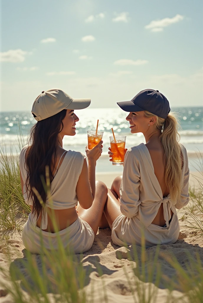 a blonde girl, age 25, bikini, sitting in a café, plein-air, on a beach in Provence, drinking beer with a friend, redheadwear, bikini. Filtro Foggy, David Hamilton Style.