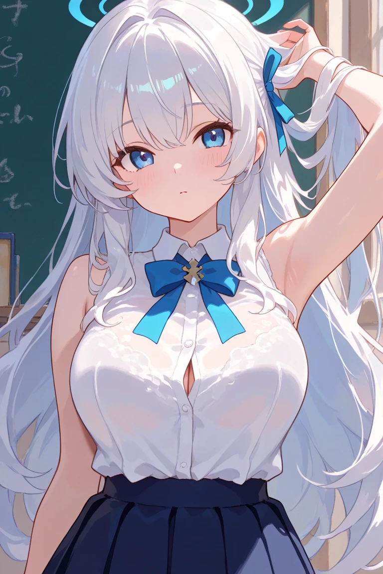 hair ornament, very long hair, japanese clothes, professional artwork, Intricate Details, field of view, sharp focus, detailed painting, photorealistic lighting, trending on pixiv, Standing at attention, ((school girl, summer school outfit)), ((large breasts:1,3)), Beautiful body,Beautiful Nose,Beautiful character design, perfect eyes, perfect face, looking at viewer, SFW,official art,extremely detailed CG unity 8k wallpaper, perfect lighting,Colorful, Bright_Front_face_Lighting, (masterpiece:1.0),(best_quality:1.0), ultra high res,4K,ultra-detailed, photography, 8K, HDR, highres, absurdres:1.2, Kodak portra 400, film grain, blurry background, bokeh:1.2, lens flare, (vibrant_color:1.2), shikkoku_yorihime, (happy smile, cheers), ((looking at viewer, front body pose, front view))