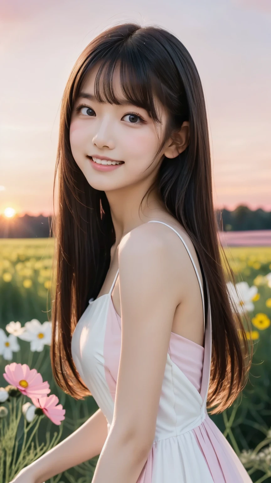 Smile、night、original photography、(((ultimate beauty portrait)))、((sparkling skin))、1 girl、24 year old beautiful girl from Prague、((brown hair))、((Big eyes sparkling like gems))、pantyhose、Glowing and radiant skin、(medium hair)、(silk ponytail)、(standing)、(from below)、Eyeliner、beautiful bangs、hair between eyes、((masterpiece、top quality、Super detailed、movie light、intricate details、high resolution、Very detailed))、background for this、8 kood、digital SLR、soft light、high quality、film grain、富士XT3 、shallow view deep、natural soft light、Kamimei、Above the legs、whole body、Vest、suit、 Pencil miniskirt、Holding a bouquet of flowers、side view