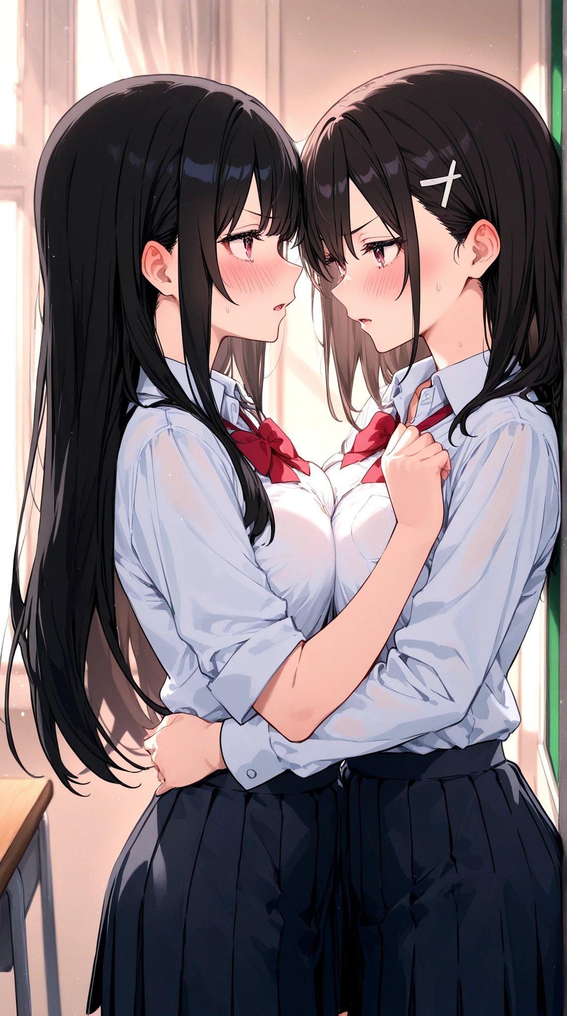 2girls, (hug, kiss:1.2), glasses, blush, (slim body:1.2), (huge breasts:1.1), (slender legs:1.1), short hair, long hair, black hair, school uniform, white long sleeve shirt, pleated skirt, (black tights:1.1),