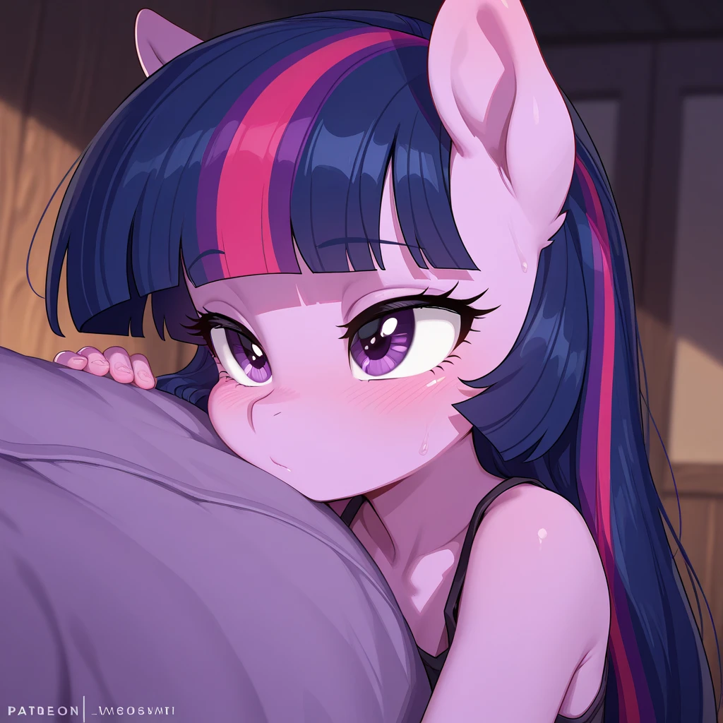 score_9, score_8_up, score_7_up, score_6_up, pony, unicorn, mare, human male, duo, starlight glimmer, Vagina, Pussy, anatomically correct, anatomically correct pussy, horse pussy, equine pussy, no breasts, indoor, House, bedroom, bed, night, tail, seductive, seducing, standing, vaginal secretions, pussy juice, dark blue skin, vaginal penetration, penetration, human on pony, human on pony action, human penetrating starlight glimmer, blushing female, side view, no breasts, medium teats, holding starlight glimmer in air, feet up, suspended congress, hugging, kissing, cumming, cum in pussy, closed eyes