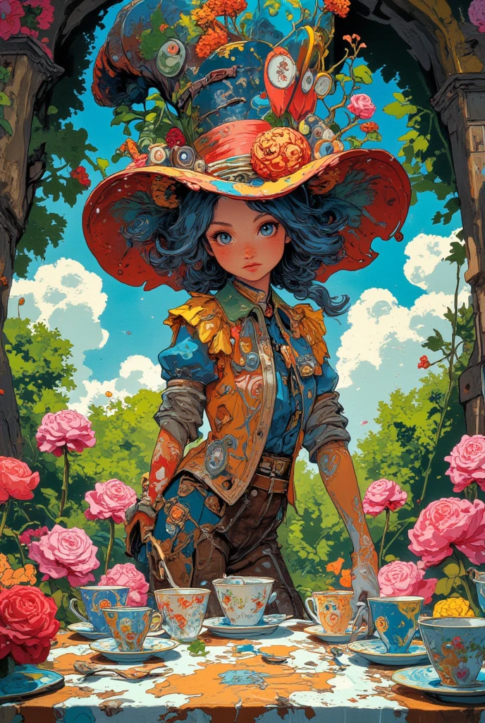 masterpiece of illustration, photorealistic highly detailed professional 8k traditional media image, best hand-drawn quality, volumetric real-time lighting and shadows, Slow Motion Shot, Anime/Manga Character, Hourglass with Full Hips: Well-defined waist with a fuller hip measurement and balanced bust, Plaid Mini Skirt with a Knit Sweater and Knee-High Boots, Cotton Candy Curls, Sitting on Steps: Sitting on a staircase with legs crossed for a relaxed yet stylish pose, Tropical Bird Sanctuaries, (((background full of life filled with vegetation and busy people or animals or pets))) <lora:Milo Manara Style v2.0:1> mlmnr style