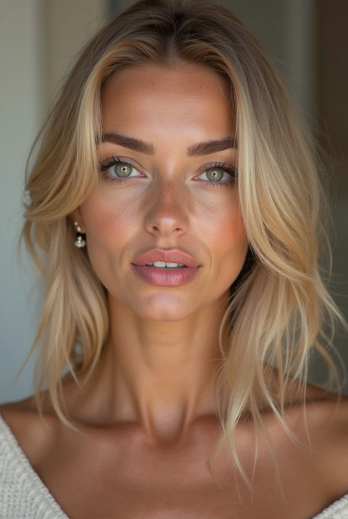 beautiful woman of 55 years old with blue eyes, blond with brown roots, long hair, looking directly at the camera, very realistic, instagram selfie, closeup face, at home, tight shirt tucked into high-waist suitpants, clothes tight against body, clothes too tight, revealing figure, film grain, fit muscular body, big breasts, cleavage, focus on face, in love with the camera