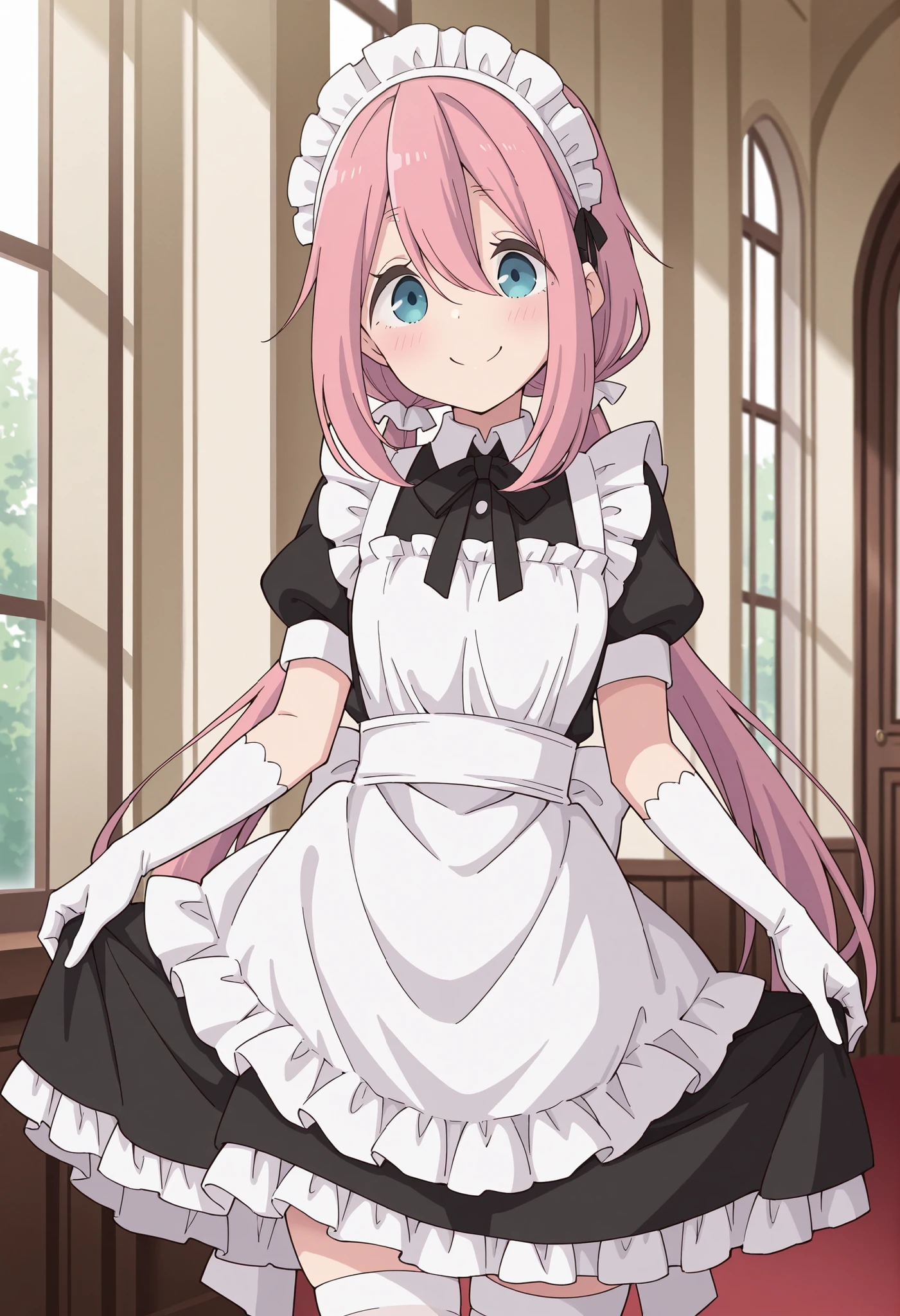 Score_9, score_8_up, score_7_up, source_anime, nadeshiko kagamihara, solo, low twintails, pink hair, blue eyes, (best quality), (high quality), {masterpiece}, extremely delicate and beautiful, ultra-detailed, beautiful detailed eyes, maid, black maid costume, short sleeves, puffy sleeves, white headdress, white frilled apron, white elbow gloves, white thighhighs, mansion, indoor, smile, closed mouth, standing