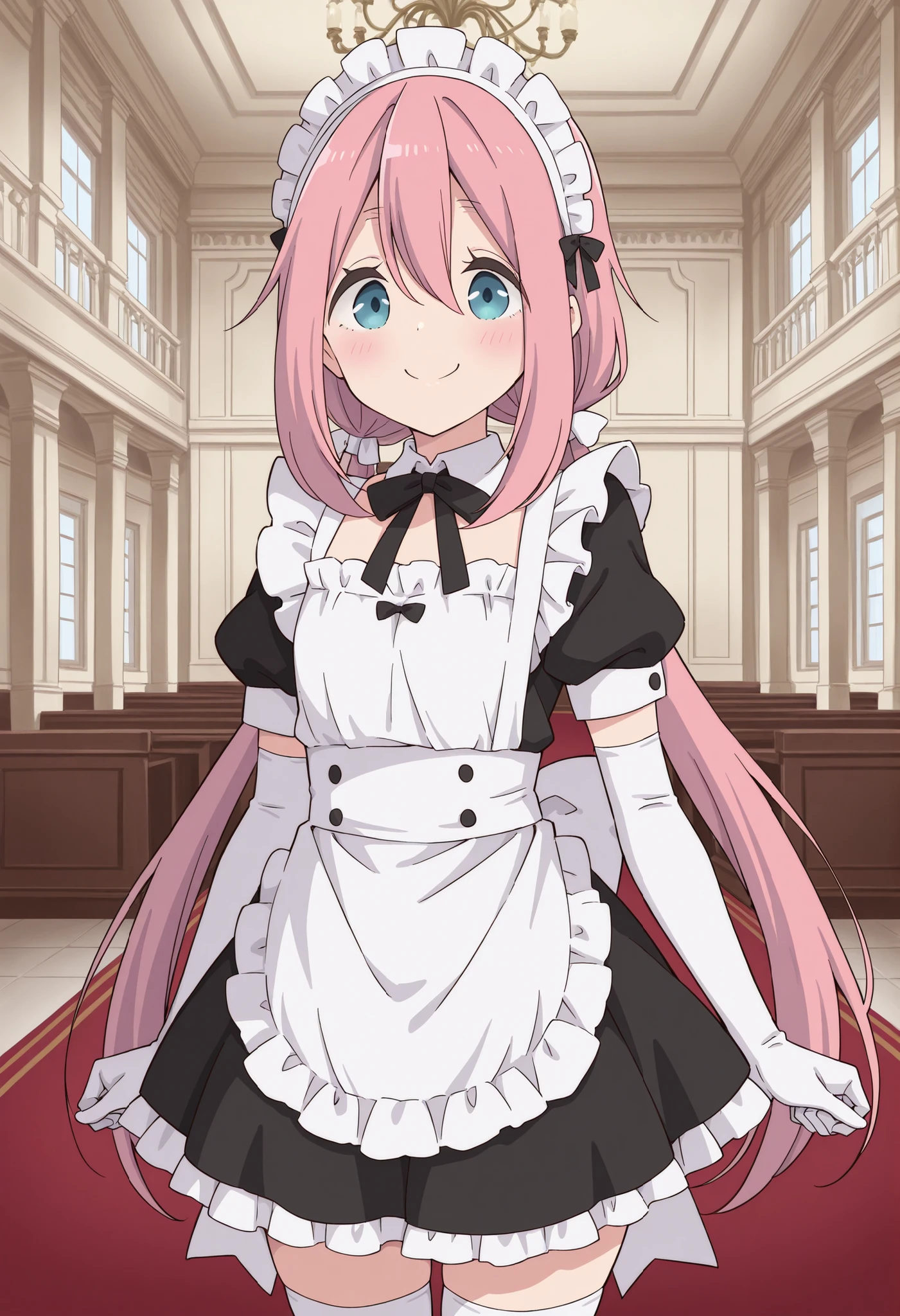 Score_9, score_8_up, score_7_up, source_anime, nadeshiko kagamihara, solo, low twintails, pink hair, blue eyes, (best quality), (high quality), {masterpiece}, extremely delicate and beautiful, ultra-detailed, beautiful detailed eyes, maid, black maid costume, short sleeves, puffy sleeves, white headdress, white frilled apron, white elbow gloves, white thighhighs, mansion, indoor, smile, closed mouth, standing